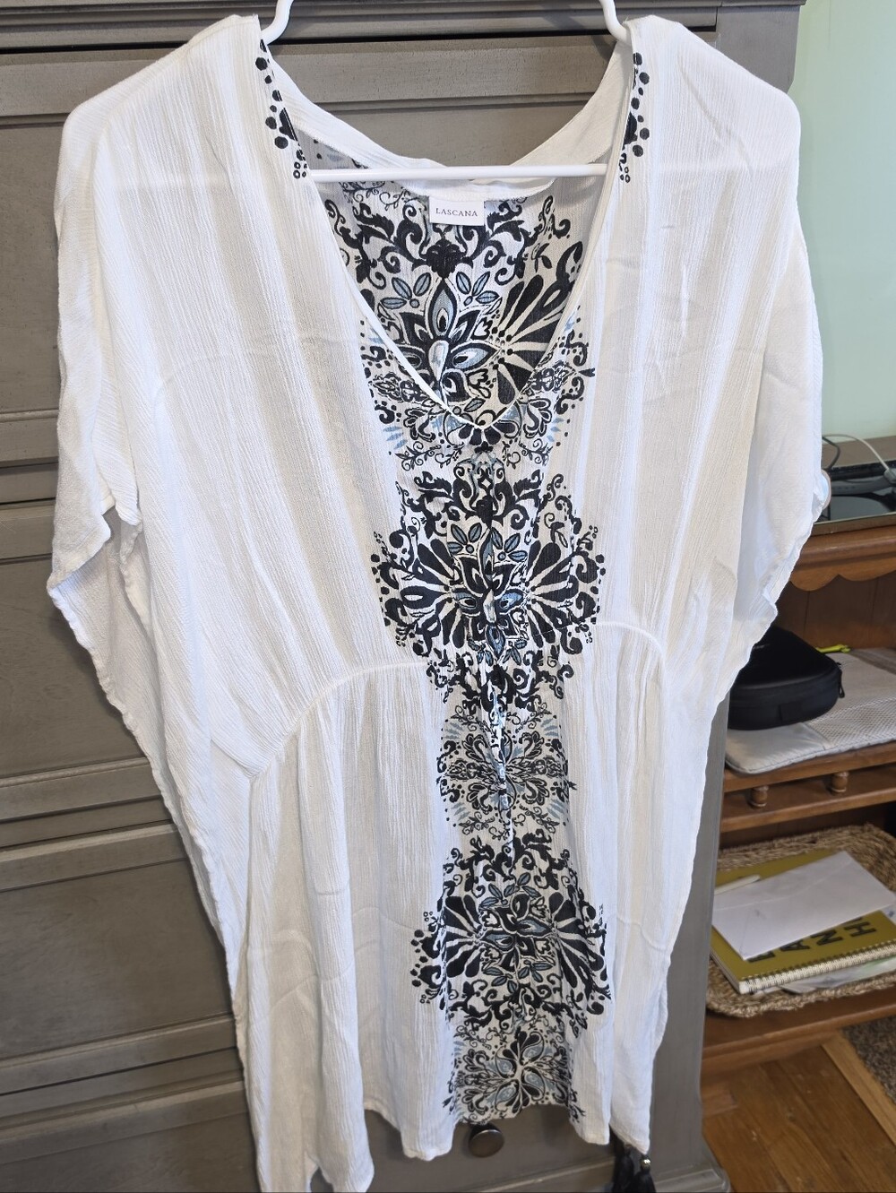 White Embroidered V-Neck Swim Coverup with Black Floral Motif